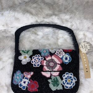 Elegant Black Floral Beaded Shoulder Bag